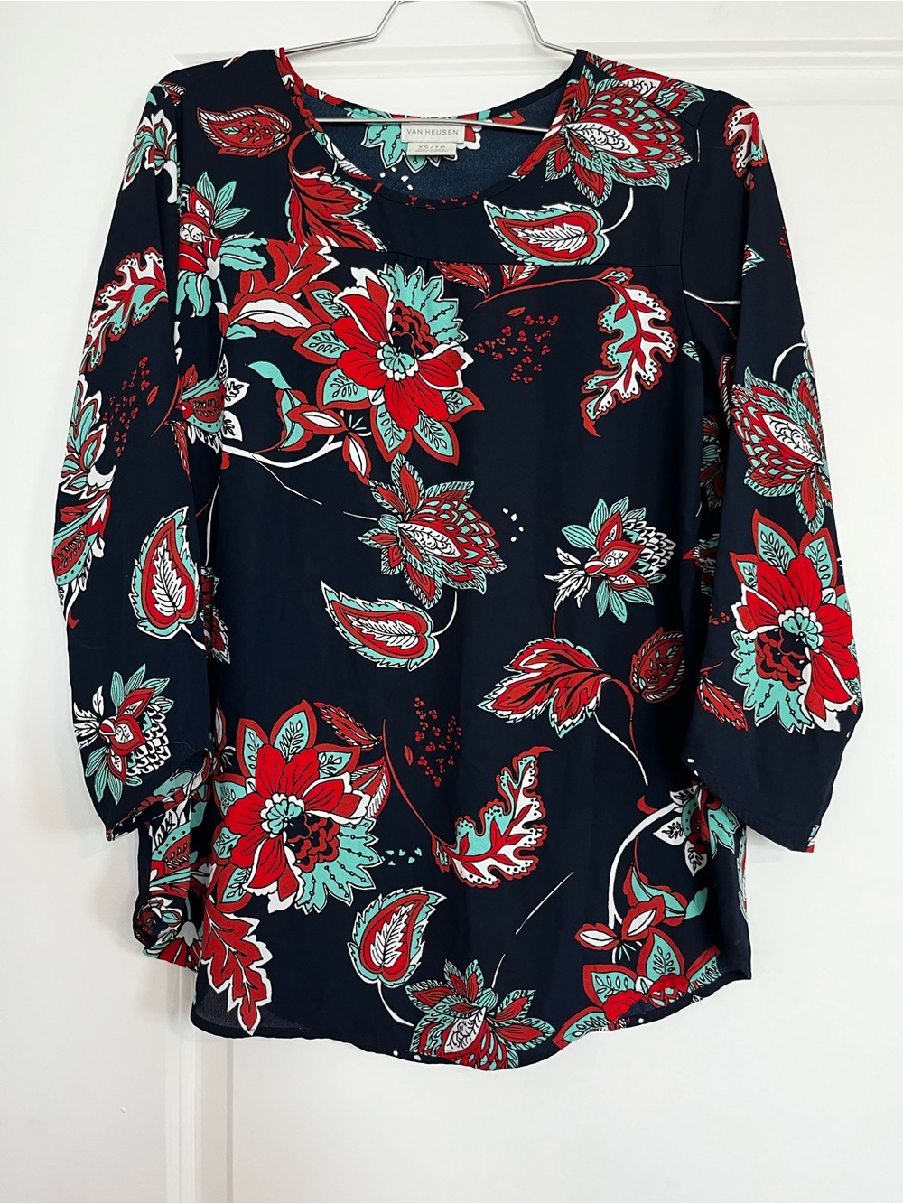 Van Heusen Navy Floral 3/4-Sleeve Blouse - Red & Teal